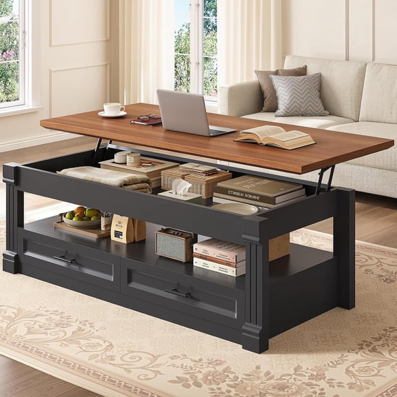 47.2" Farmhouse Lift Top Coffee Table with 2 Drawers, Wood Center Table with Hidden Compartment & Hydraulic Lifting Mechanism, Multi-Functional Storage Tea Table for Living Room, Black + Brown