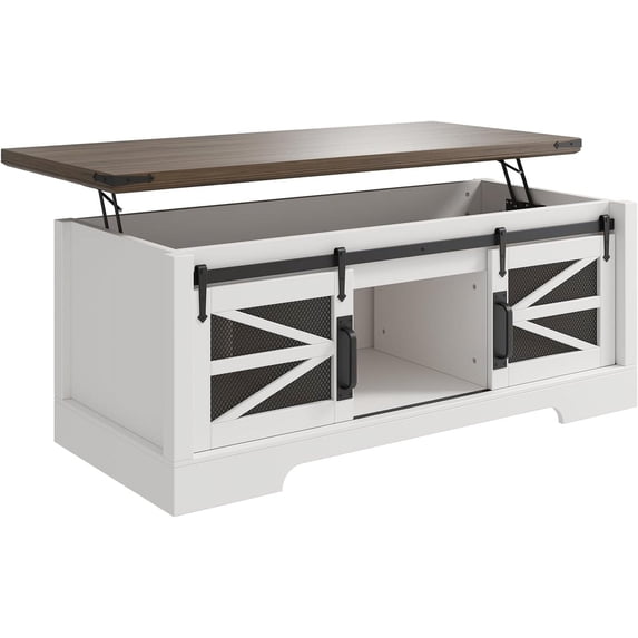 47.2" Farmhouse Lift Top Coffee Table with Storage Sliding Barn Door & Large Hidden Compartment, Rustic Coffee Table with Lifting Top Storage Coffee Table for Living Room