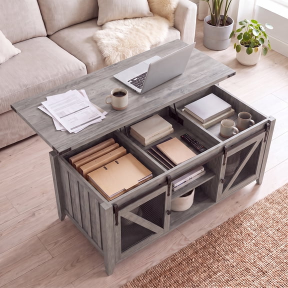 47.2" Farmhouse Lift-Top Coffee Table with Sliding Barn Door & Hidden Storage – Converts to Desk for Living Room