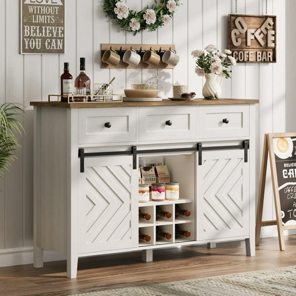 47.2" Farmhouse Wine Bar Cabinet with Sliding Barn Door, 3 Drawers & Removable Rack