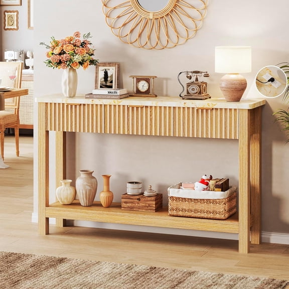 Hanyu 47.2" Fluted Console Table with 3 Drawers & Power Outlet, Oak