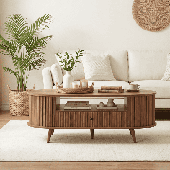 47.2" Fluted Oval Coffee Table for Adults, Storage Cocktail Table with RGB LED Lighting & 2 Drawers, Walnut