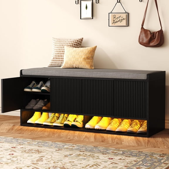 47.2" Fluted Shoe Storage Bench, Entryway Bench with Linen Seat Cushion, Shoe Cabinet Bench with Adjustable Shelf and Built-in LED Sensor Light, Bench for Bedroom End of Bed, Black