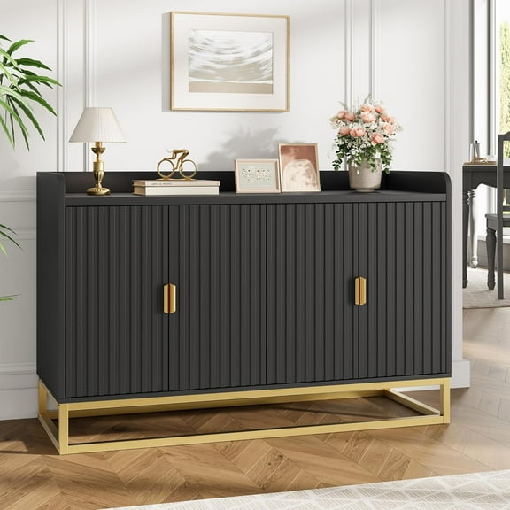 47.2” Fluted Sideboard Buffet Cabinet with 4 Rattan Doors, Kitchen Storage Cabinet with Adjustable Shelf and Metal Legs for Living Room, Hallway, Entryway