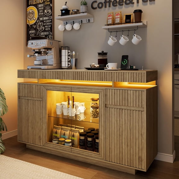 47.2" Fluted Sideboard Buffet Cabinet with Storage, Modern Buff Storage Cabinet with Drawers with Motion Sensor, Lighting, Adjustable Shelf, Coffee Bars for Kitchen Dining Room Entryway (Brown)