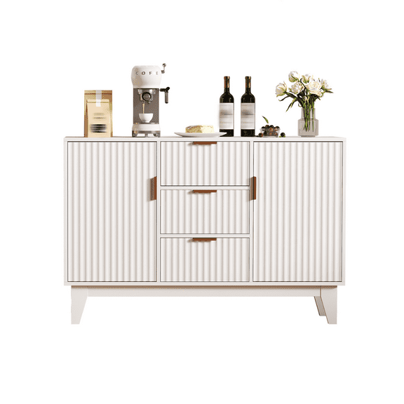 47.2" Fluted Storage Buffet Cabinet – 3 Drawers & 2 Doors Sideboard Cupboard for Living Room, Entryway & Kitchen Coffee Bar - White