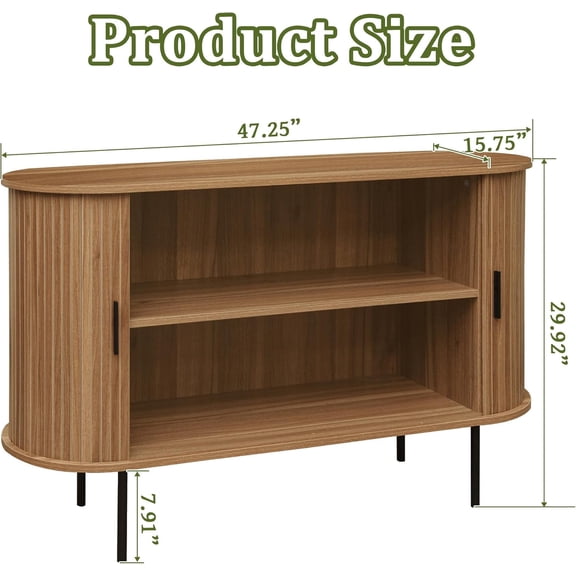 47.2" Fluted Storage Cabinet with Sliding Tambour Doors, Mid Century Modern Buffet Sideboard with Storage, Oval Curved Accent Cabinet for Living Room Kitchen (Walnut)$$Home Decor, Kitchen, & Other