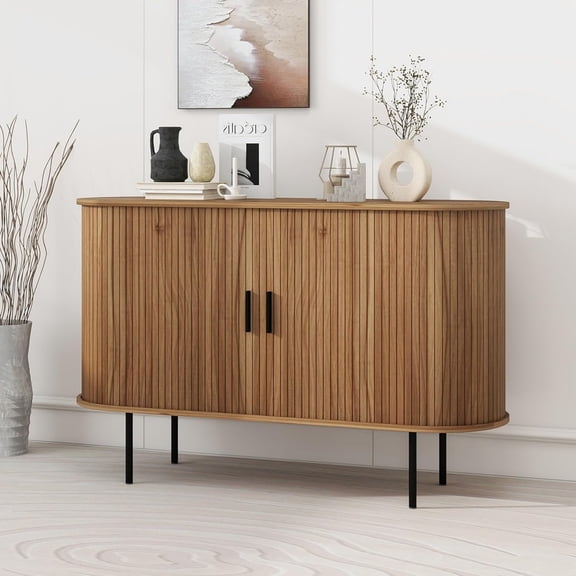 47.2" Fluted Storage Cabinet with Sliding Tambour Doors, Mid Century Modern Buffet Sideboard with Storage, Oval Curved Accent Cabinet for Living Room Kitchen (Walnut)