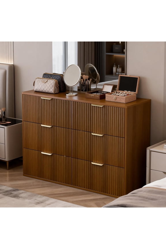 47.2" Fluted Walnut Brown 6 Dresser, Mid Century Modern Curved Dresser with Charging Station, Mens Brown Wood Dresser with Deep Drawers for Bedroom, Living Room and Entryway