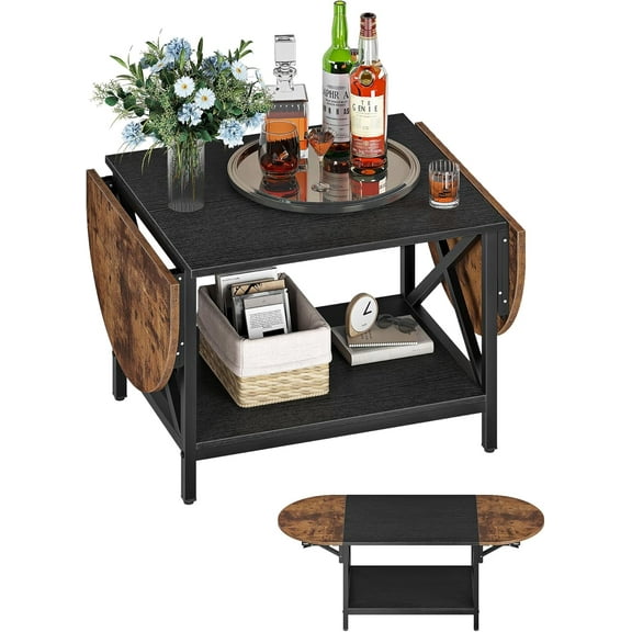 47.2" Folding Coffee Table, 2-Tier Extendable Coffee Table, Vintage Center Table with 2 Drop Leaves, with Storage Shelf, for Living Room, Bedroom, Balcony, Rustic Brown and Black