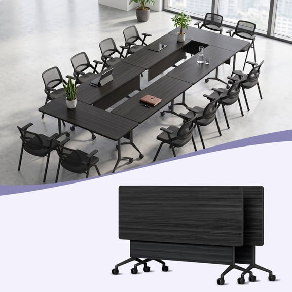 47.2" Folding Conference Table with Lockable Wheels, Mobile Flip Top Training Table, Rectangular Rolling Modular Meeting Table for Office Classroom, Black 2pack