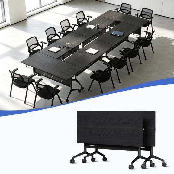47.2" Folding Conference Table with Lockable Wheels, Mobile Flip Top Training Table, Rectangular Rolling Modular Meeting Table for Office Classroom, Black 2pack