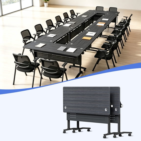 47.2" Folding Conference Table with Lockable Wheels, Mobile Flip Top Training Table, Rectangular Rolling Modular Meeting Table for Office Classroom, Dark Gray 2pack