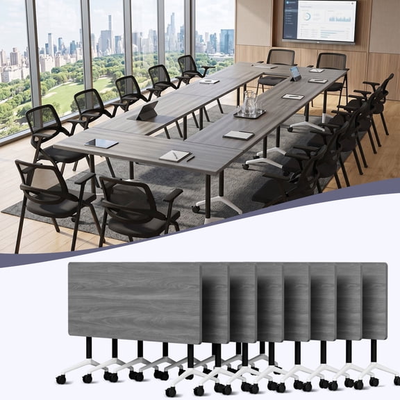 47.2" Folding Conference Table with Lockable Wheels, Mobile Flip Top Training Table, Rectangular Rolling Modular Meeting Table for Office Classroom, Gray 8pack