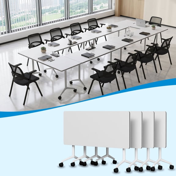 47.2" Folding Conference Table with Lockable Wheels, Mobile Flip Top Training Table, Rectangular Rolling Modular Meeting Table for Office Classroom, White 4pack