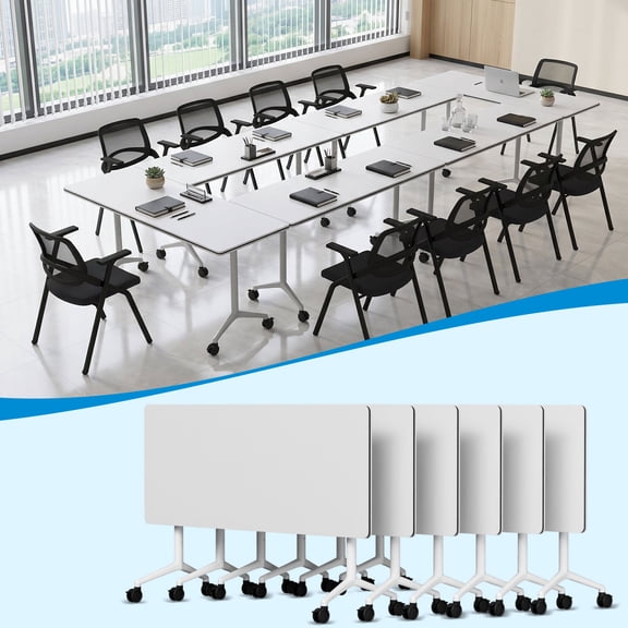 47.2" Folding Conference Table with Lockable Wheels, Mobile Flip Top Training Table, Rectangular Rolling Modular Meeting Table for Office Classroom, White 6pack
