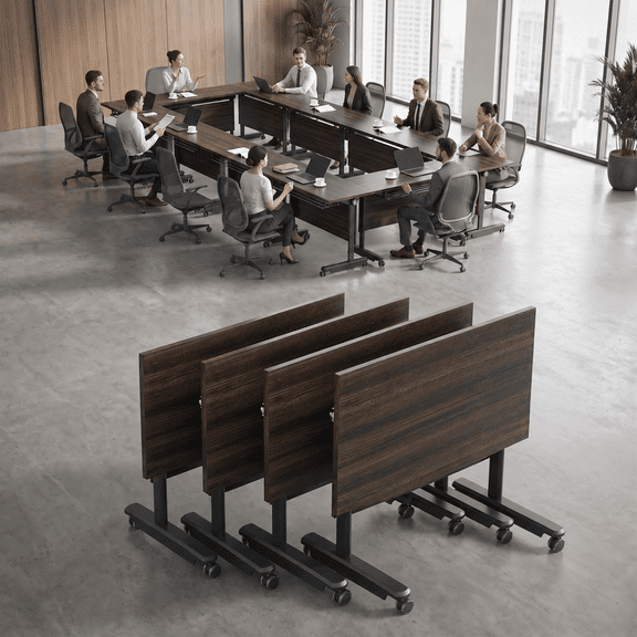 47.2" Folding Conference Tables with Wheels, Mobile Flip-Top Training Tables with Modesty Panel & Under-Desk Shelf for Office, Classroom & Meeting Room, Walnut, 4-Pack