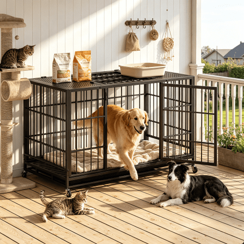 47.2" Heavy Duty Mobile Dog Crate with Lockable Wheels & Rotary Twist-Latch, Indoor/Outdoor Metal Pet Kennel with Perforated Top