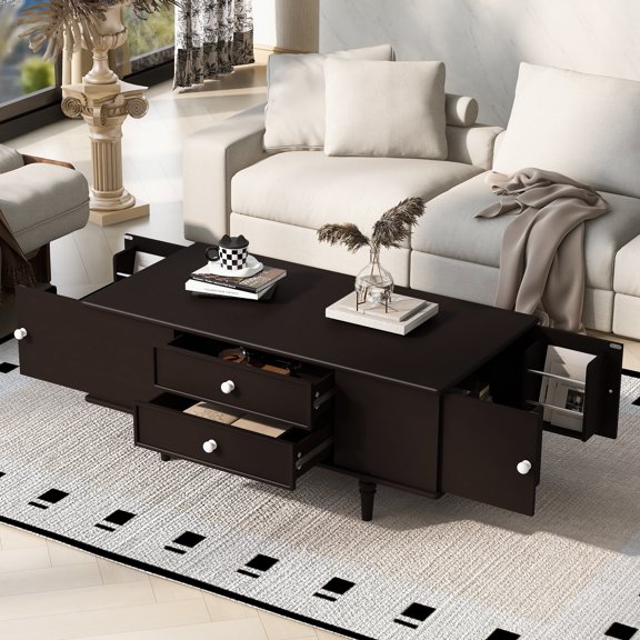47.2" Hidden Storage Coffee Table - 4 Drawers & Side Compartments, Scratch-Resistant Top with Solid Wood Legs for Living Room & Bedroom, Brown