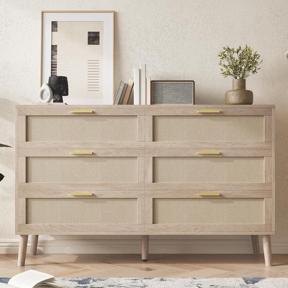 47.2 Inch 6 Drawer Rattan Dresser, Mid Century Modern Large Top Storage Chest for Home