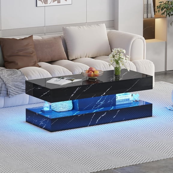 47.2 Inch Coffee Table with LED Lights, Modern High-Gloss Open Shelf Design, 2-Tier Floating Center Table with Illumination, Large LED Coffee Table for Living Room(White)