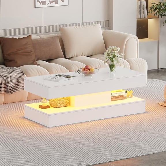47.2 Inch Coffee Table with LED Lights, Modern High-Gloss Open Shelf Design, 2-Tier Floating Center Table with Illumination, Large LED Coffee Table for Living Room(White)