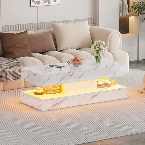 47.2 Inch Coffee Table with LED Lights, Modern High-Gloss Open Shelf Design, 2-Tier Floating Center Table with Illumination, Large LED Coffee Table for Living Room(White)