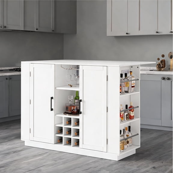 47.2-Inch Counter Height Sideboard Buffet with Foldable Table, Power Outlet, and Wine Storage, White-Toned Melamine