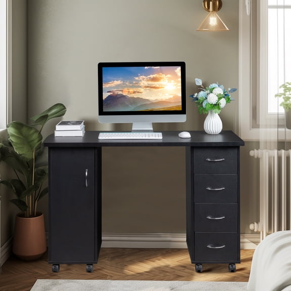 47.2 Inch Double Edged E1 MDF Manicure Table, Black Nail Salon Workstation with Built-in Wrist Rest, Storage Drawers, 25mm Thick Desktop, 300 LBS Load Capacity, Easy Assembly Nail Tech Desk for Beaut