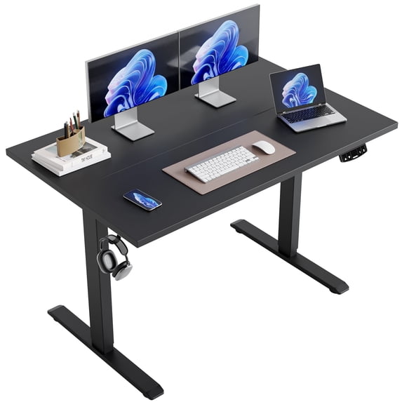 47.2 Inch Electric Height Adjustable Standing Desk, Ergonomic Home Office Desk with Memory Preset, Sit to Stand Computer Desk with Hooks, Black