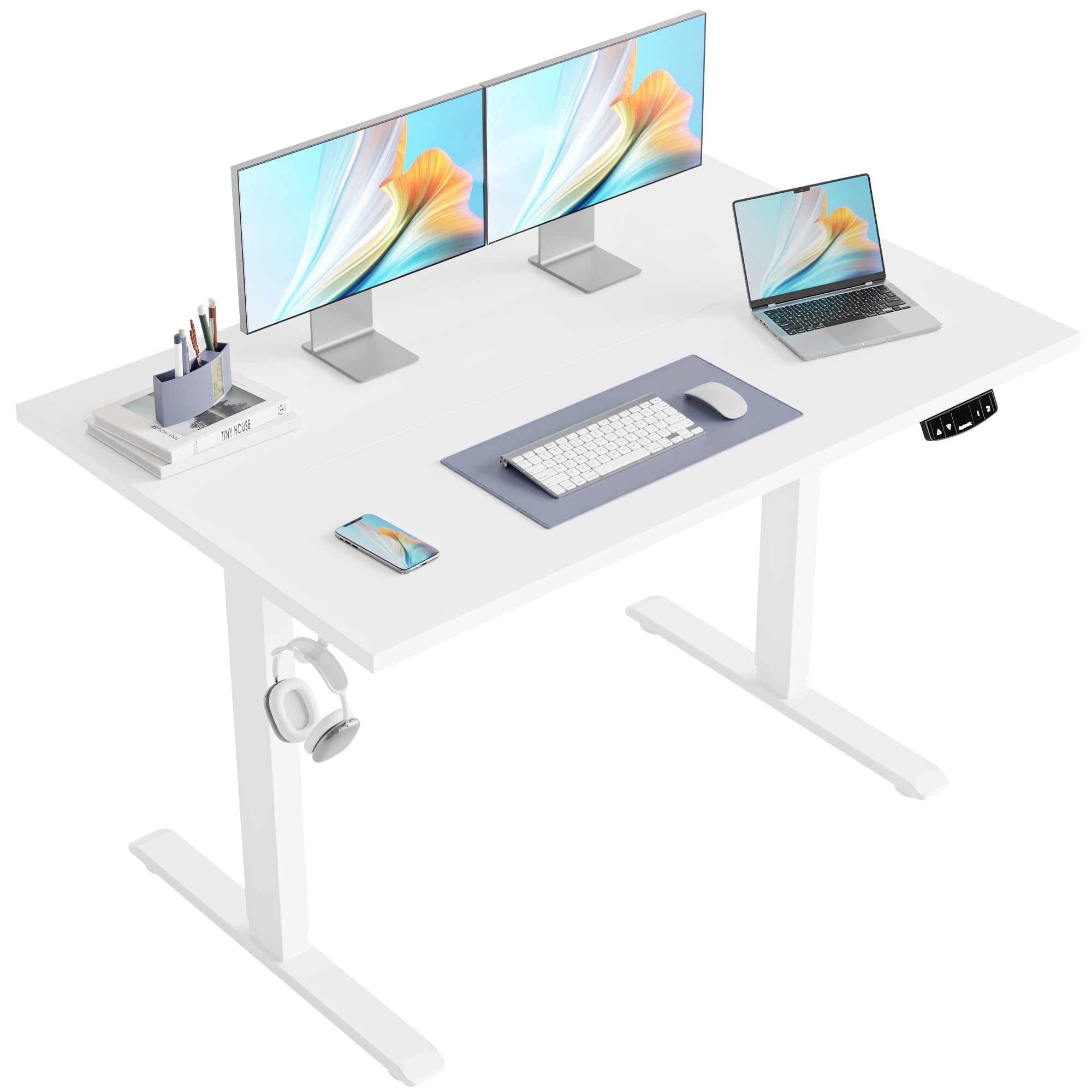 47.2 Inch Electric Height Adjustable Standing Desk, Ergonomic Home Office Desk with Memory Preset, Sit to Stand Computer Desk with Hooks, White