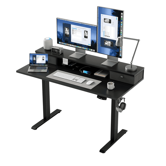 47.2 Inch Electric Standing Desk with 2 Drawers, Height Adjustable Desk with 2 Memory Keys, Ergonomic Sit-Stand Computer Desk with Hooks for Home Office, Black