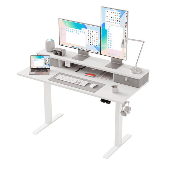 47.2 Inch Electric Standing Desk with 2 Drawers, Height Adjustable Desk with 2 Memory Keys, Ergonomic Sit-Stand Computer Desk with Hooks for Home Office, White