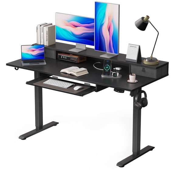 47.2 Inch Electric Standing Desk with 2 Drawers & Keyboard Tray, Adjustable Home Office Desk Ergonomic Sit to Stand Computer Desk with Hooks for Gaming & Work,Black