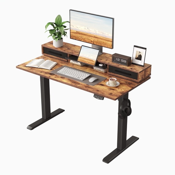 47.2 Inch Electric Standing Desk with Double Drawers & Stand up Desk with Storage Shelf, Height Adjustable Ergonomic Home Office Desk with Hooks, Computer Workstation for Home and Office, Rustic Brow