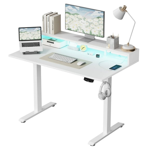47.2 Inch Electric Standing Desk with Power Outlet and LED Light Strip, Height Adjustable Sit-Stand Desk with Storage Shelf & Hooks, Ergonomic Home Office Computer Desk with Memory Buttons,White