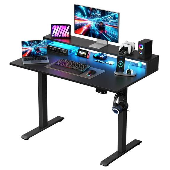 47.2 Inch Electric Standing Desk with Power Outlet and LED Light Strip, Height Adjustable Sit-Stand Desk with Storage Shelf & Hooks, Ergonomic Home Office Computer Desk with Memory Buttons, Black