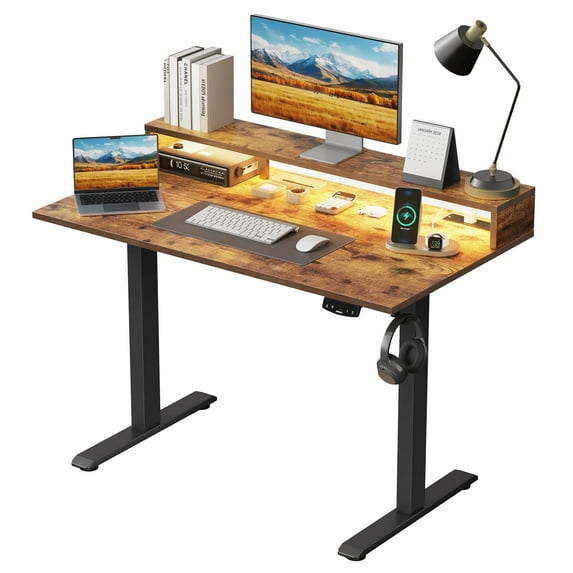 47.2 Inch Electric Standing Desk with Power Outlet and LED Light Strip, Height Adjustable Sit-Stand Desk with Storage Shelf & Hooks, Home Office Computer Desk with Memory Buttons, Rustic Brown