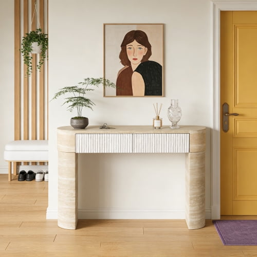 47.2 Inch Entryway Console Table with 2 Hidden Handle Drawers, Modern Sofa Table for Living Room, Hallway, Dining Room, Beige Brown