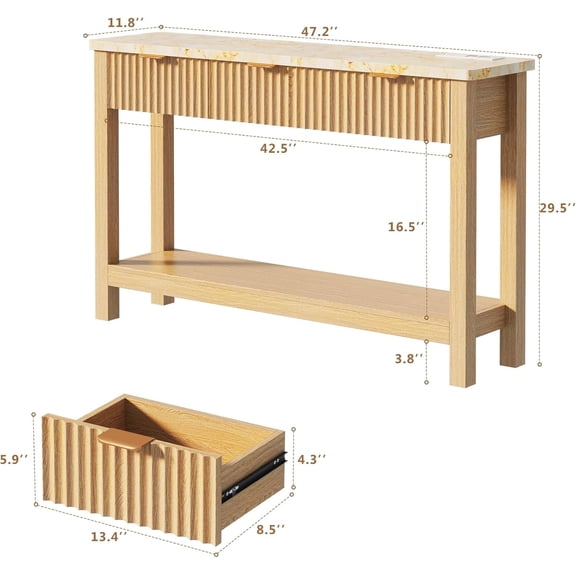 47.2 Inch Fluted Console Table with Storage and Power Outlet, Modern Sofa Table for Entryway Living Room Hallway, Oak