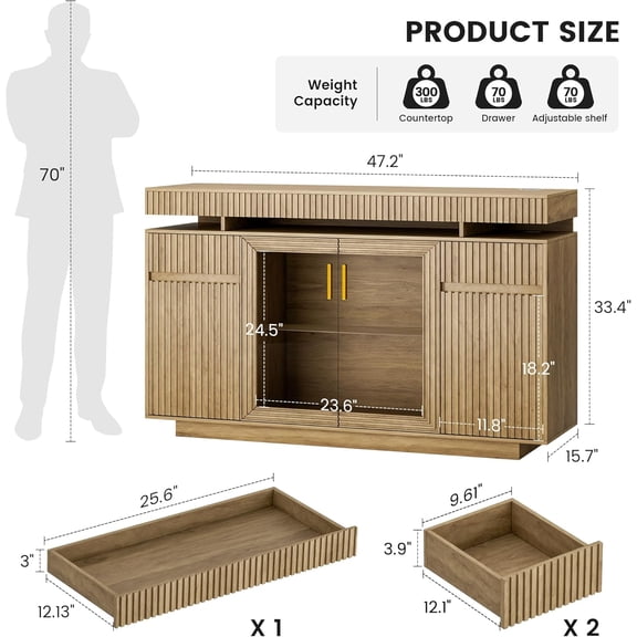 47.2 Inch Fluted Sideboard Buffet Cabinet with Storage, Modern Bar Cabinet with USB Charging and LED Lights for Kitchen Dining Room Entryway (Brown)