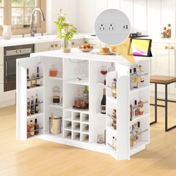 47.2 Inch Kitchen Island with Drop Leaf and Power Outlet, Wine Bar Cabinet with Bottle Rack and Glass Holder for Small Spaces, Coffee Bar Buffet, White