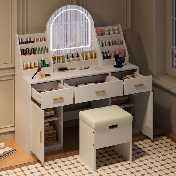 47.2 Inch Makeup Vanity with LED Mirror and Lights, Dressing Table with Storage Stool, 3 Drawers 2 Cabinets Organizers for Bedroom, White