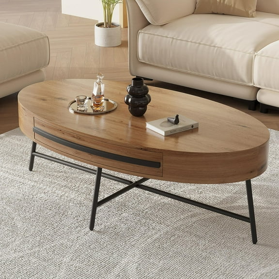 47.2 Inch Mid Century Modern Oval Coffee Table, Wooden Center Table with Drawer & Cross Metal Legs, Unique Curved Design Hidden Storage Accent Table for Living Room, Natural