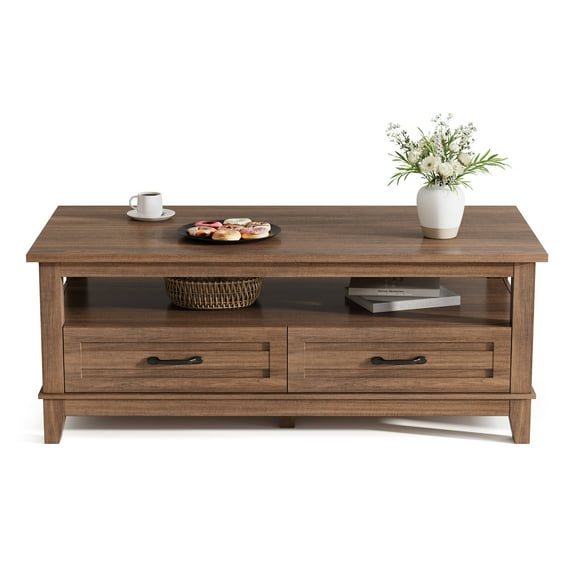 47.2 Inch Modern Coffee Table with Drawers and Open Shelf – Wood Rectangle Center Table for Living Room, Sturdy 6-Leg Design, Easy Assembly – Brown