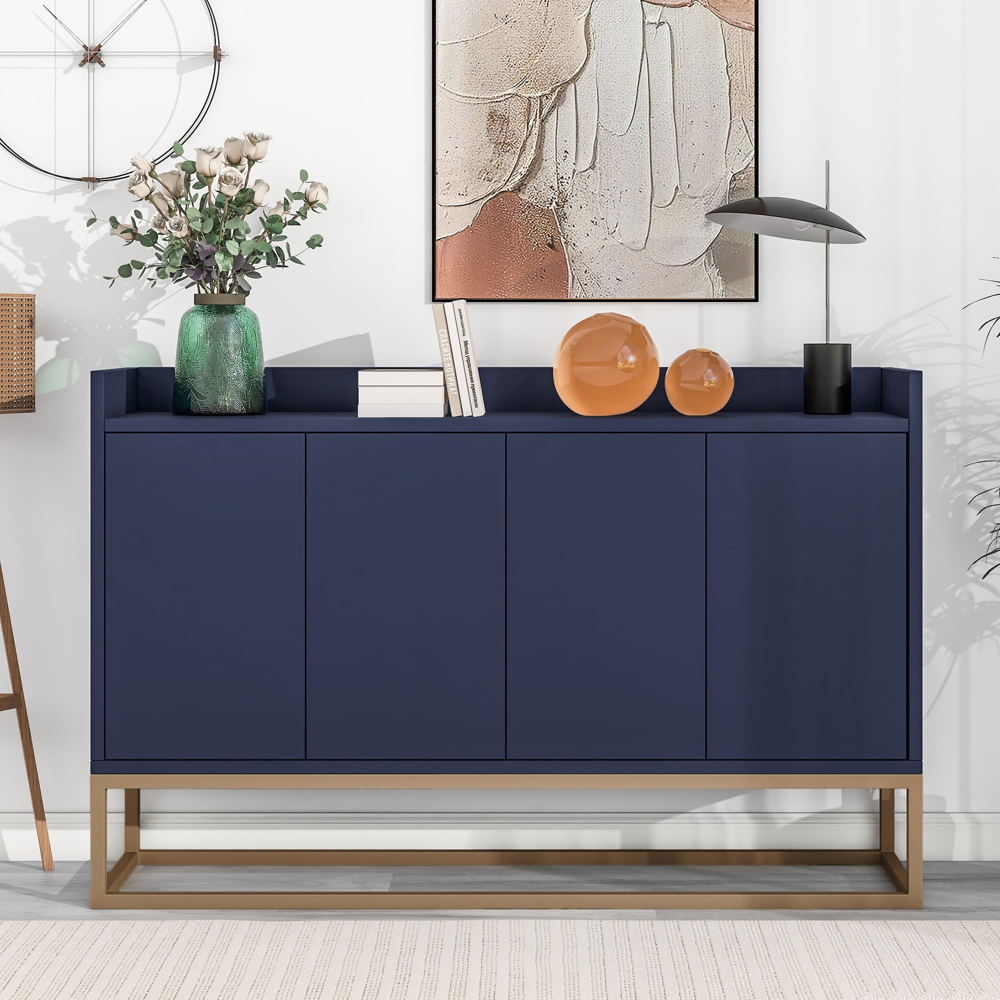 47.2 Inch Modern Wood Accent Buffet Sideboard Serving Storage Cabinet with Large Storage Space Marble Sticker Tabletop and Gold Metal Legs Navy Walmart