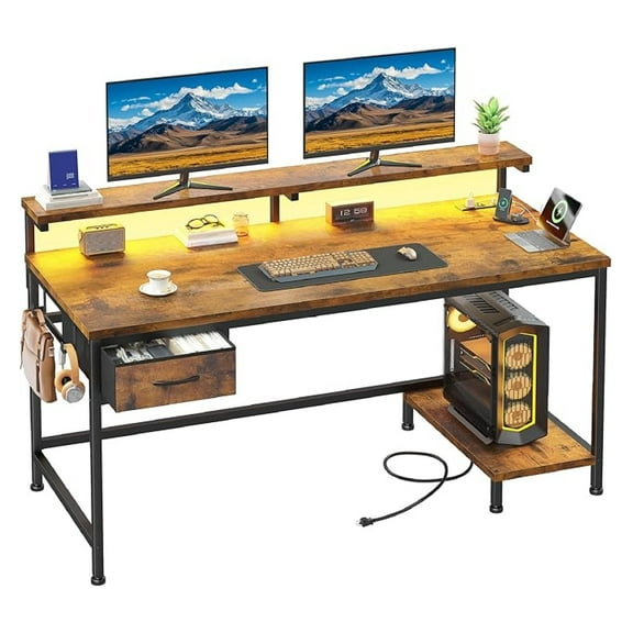 47.2 Inch Office Desk with Power Outlet & Ergonomic Monitor Stand,Gaming Desk with CPU Stand& JZWAL,Computer Desk with Drawer for Home Work,Study Redroom and Gaming,Small Spaces,Rustic Brown