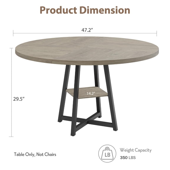 47.2 Inch Round Industrial Dining Table for 4-6 People, Metal Pedestal Base with Storage Shelf, Circle Kitchen and Dining Room Table( Only Table )