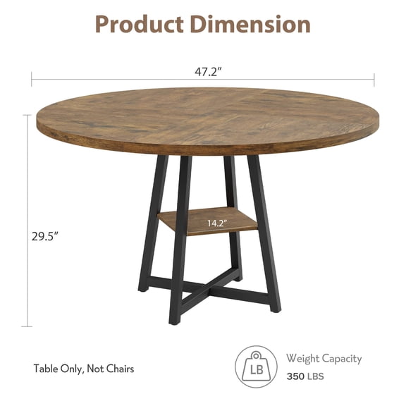 47.2 Inch Round Industrial Dining Table for 4-6 People, Metal Pedestal Base with Storage Shelf, Circle Kitchen and Dining Room Table（ Only  Table ）