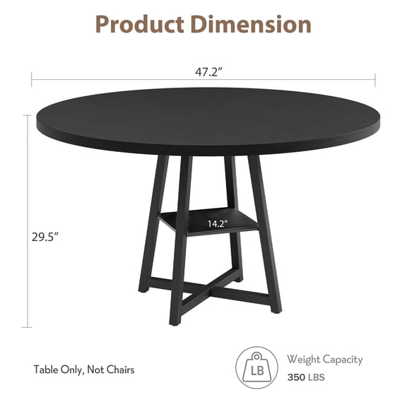 47.2 Inch Round Industrial Dining Table for 4-6 People, Metal Pedestal Base with Storage Shelf, Circle Kitchen and Dining Room Table( Only Table )